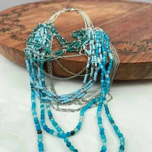 Multi Strand Necklace Turquoise Teal Color Silver Tone Chain Faceted Stone Beads